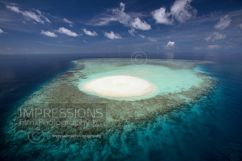 Aerial view of a beach Coral Reefs and island in the Maldives