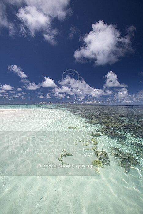 Maldives sandbank with turquoise lagoon and coral reefs