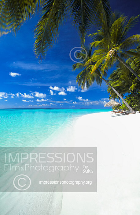 sun umbrella on tropical beach and coconut trees in Maldives Stock Photo