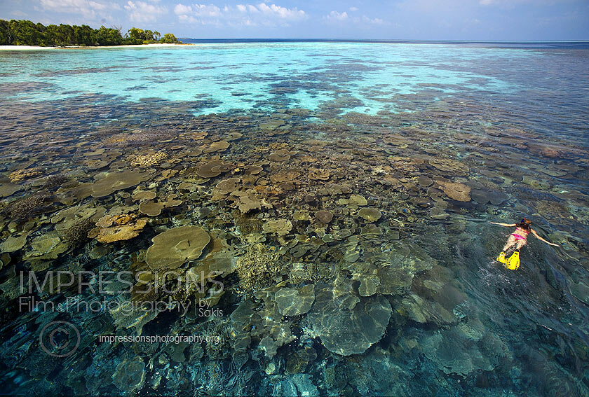 Maldives woman snorkeling on coral reefs and tropical island stock photo