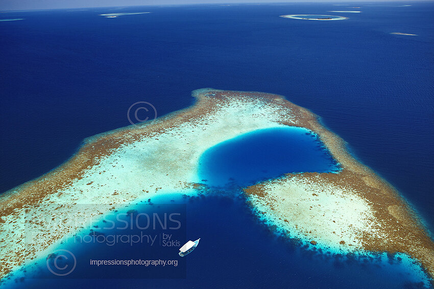 Maldives, Aerial view of coral reefs