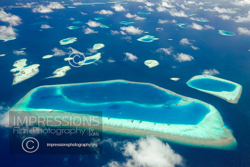 Maldives, Aerial view of coral reefs