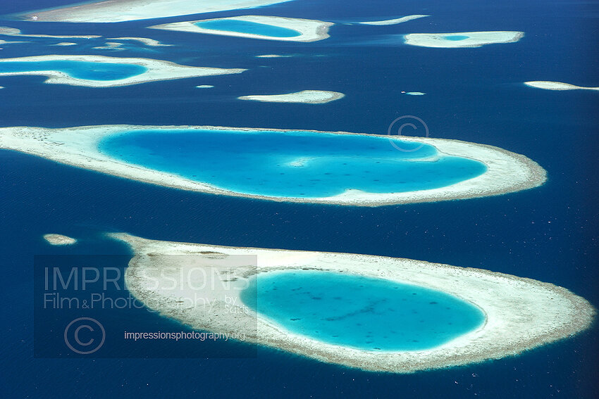 Maldives, Aerial view of coral reefs