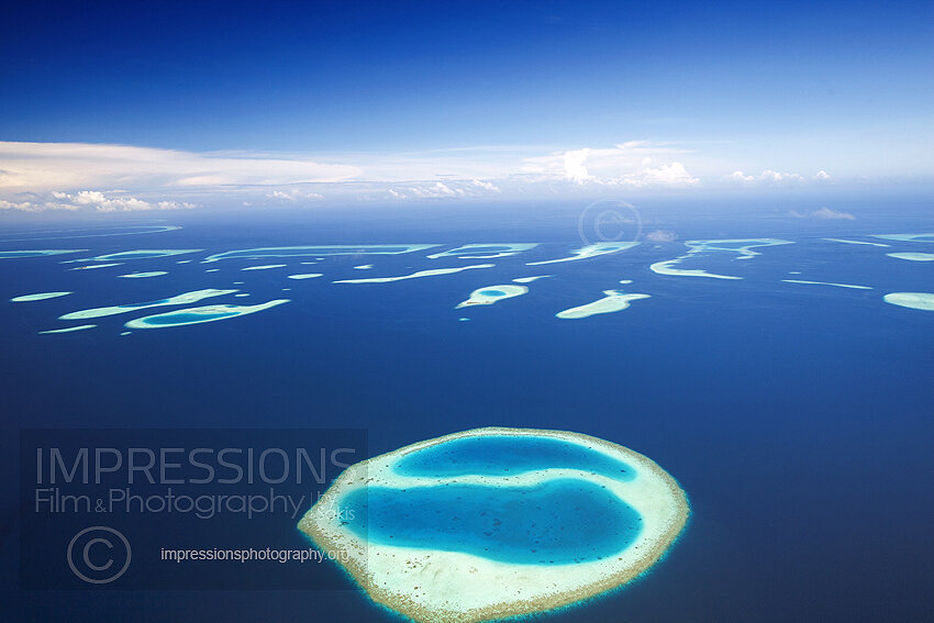 Maldives, Aerial view of coral reefs