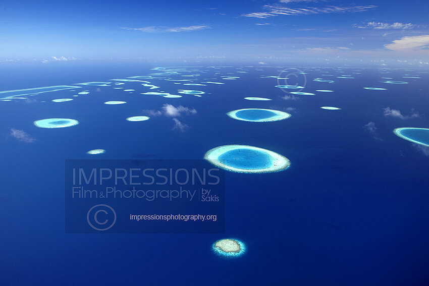 Maldives, Aerial view of coral reefs