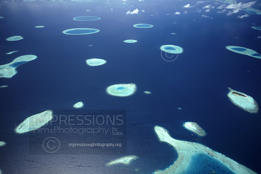 Maldives, Aerial view of coral reefs