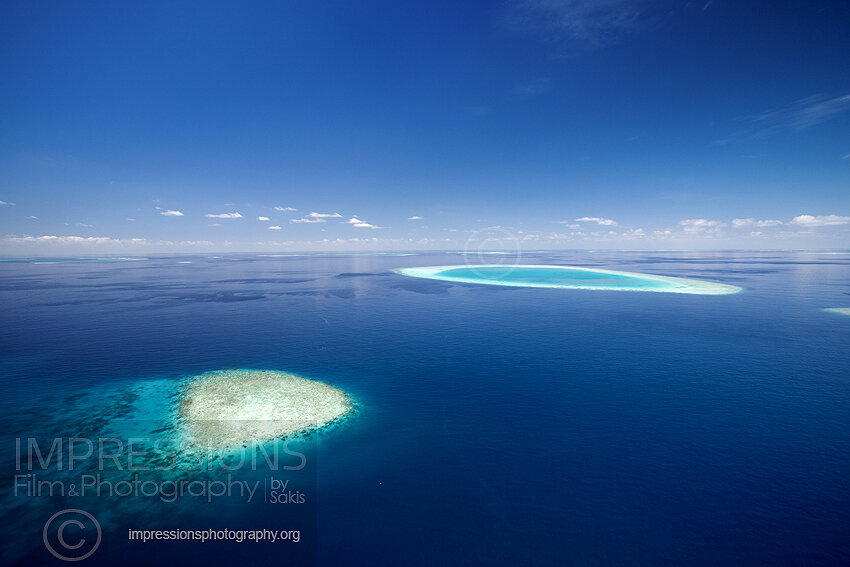 Maldives, Aerial view of coral reefs