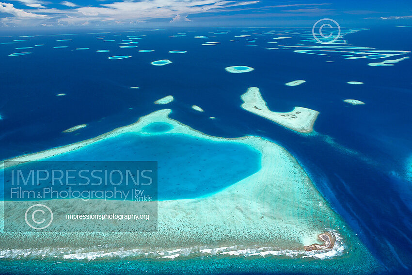 Maldives, Aerial view of coral reefs