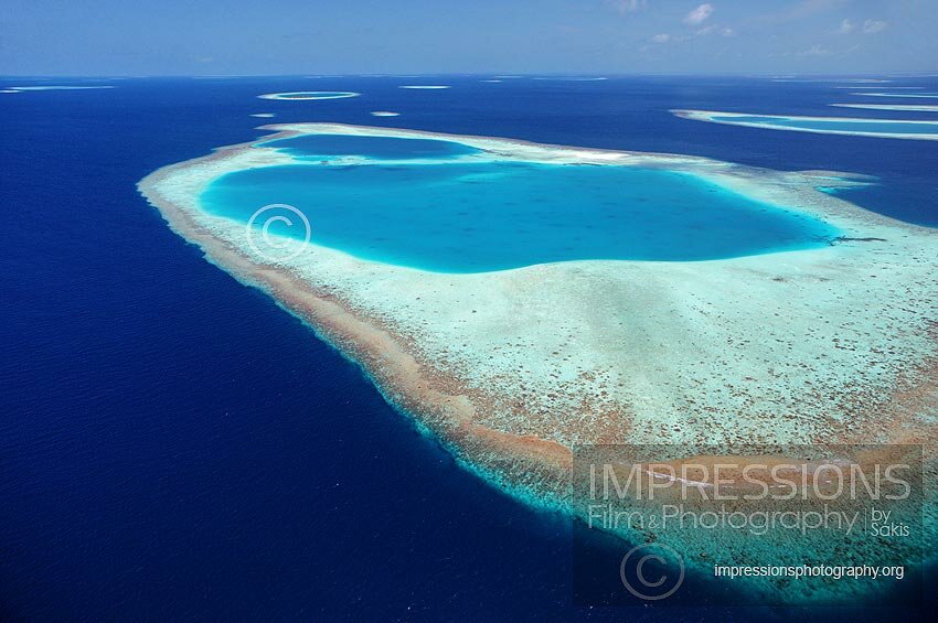 Maldives, Aerial view of coral reefs