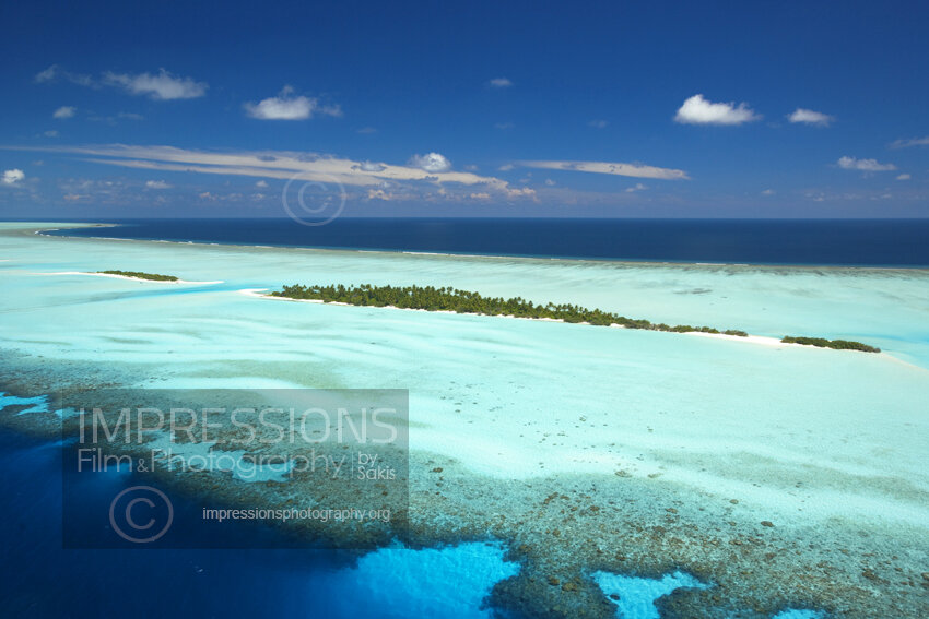 Maldives, Aerial view of coral reefs and islands