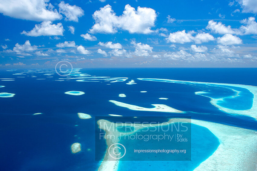 Maldives, Aerial view of coral reef 