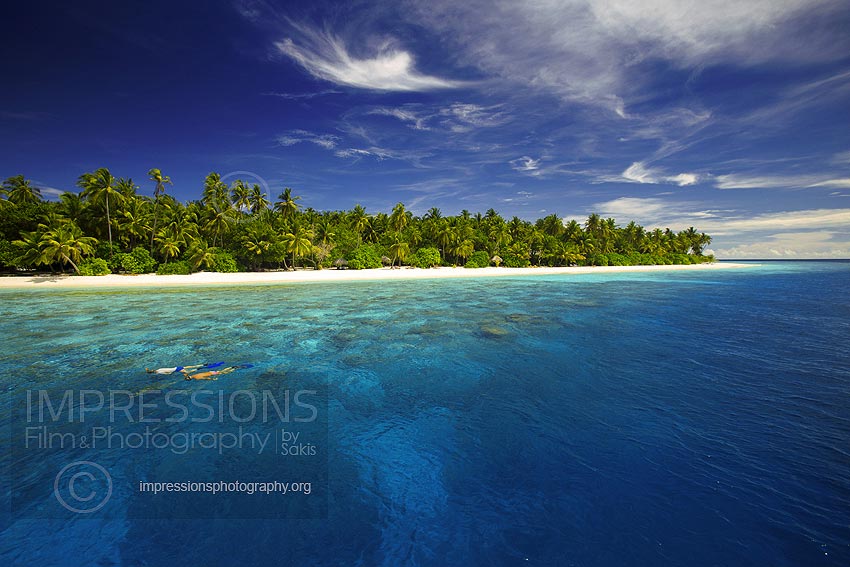 maldives stock photo tropical island and tropical beach with couple snorkeling on coral reefs in the maldives