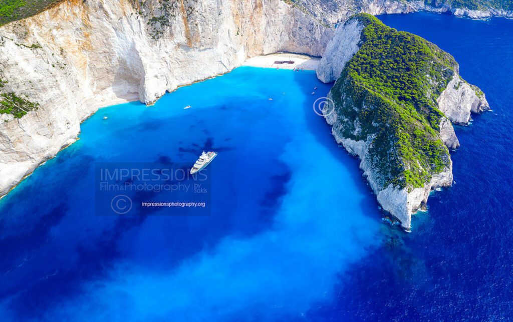 aerial photography by drone of zakynthos navagio shipwreck beach