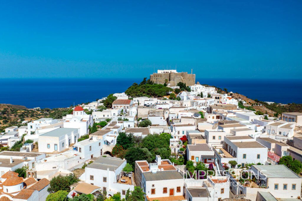 the Monastery of Saint John the Theologian drone photography Patmos island greece