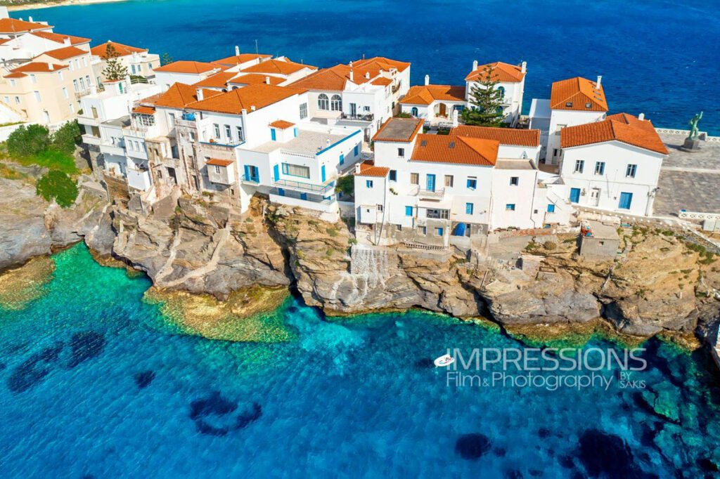 aerial photography chora town andros cyclades island