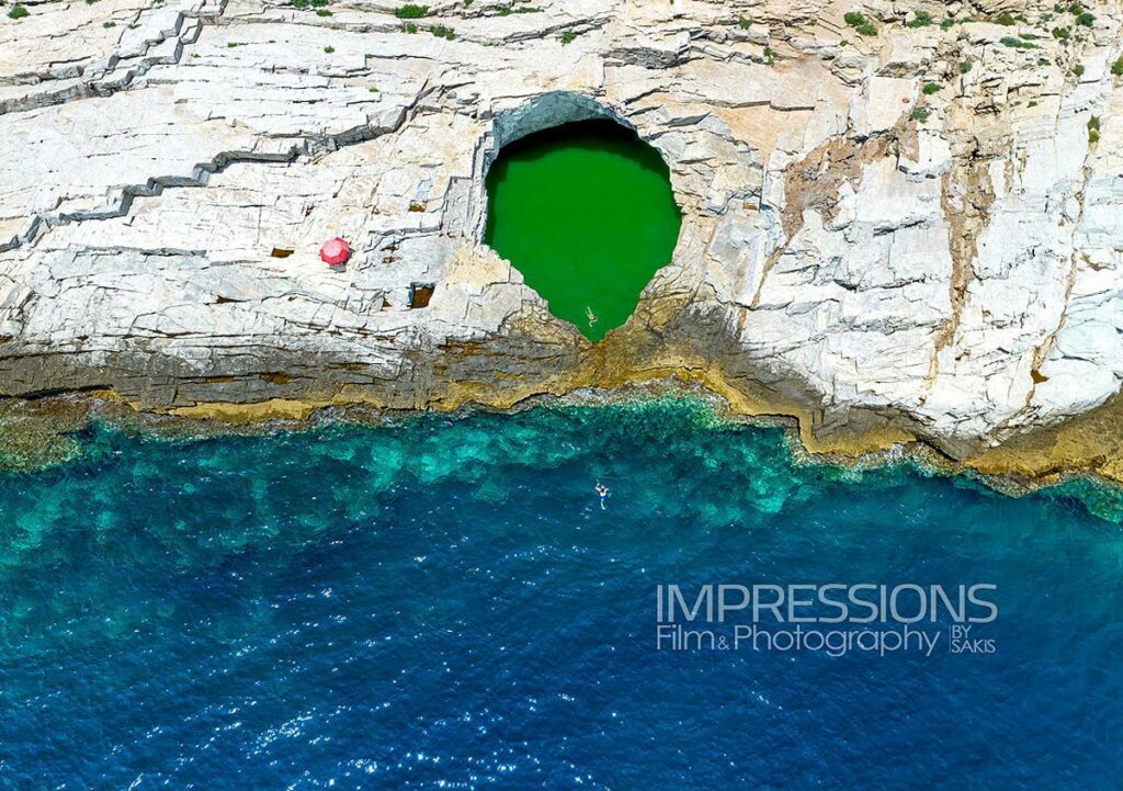 aerial view giola natural pool thasos island greece