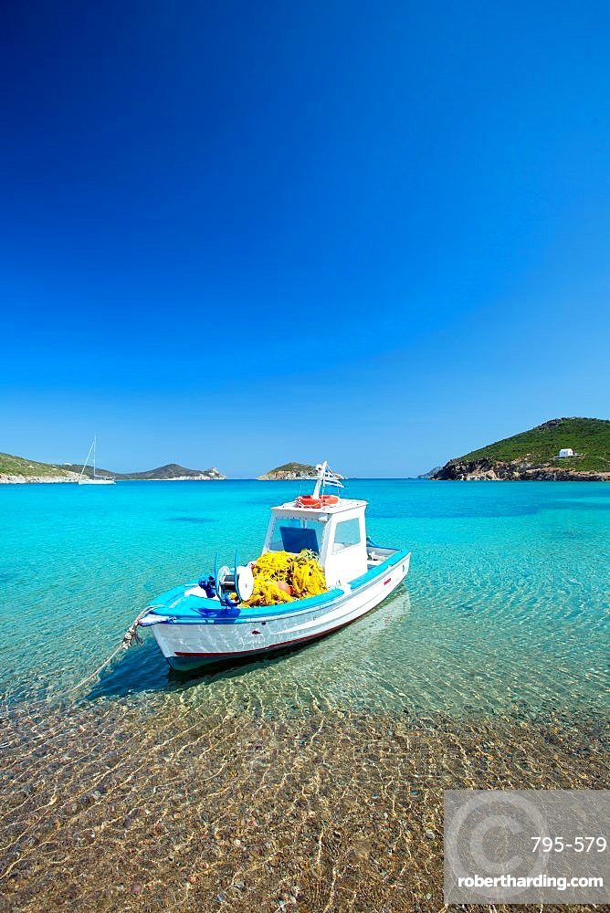 Fishing boat moored on the beach, Patmos Island, Greece