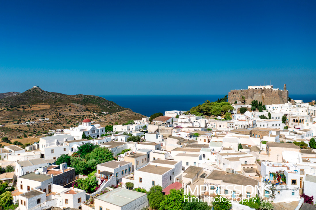 Aerial photo by drone of the Monastery of Saint John the Theologian, UNESCO World Heritage, Patmos island, Greece