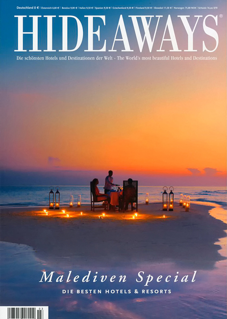 Hideaways Magazine cover featuring a hero shot of Baros Maldives