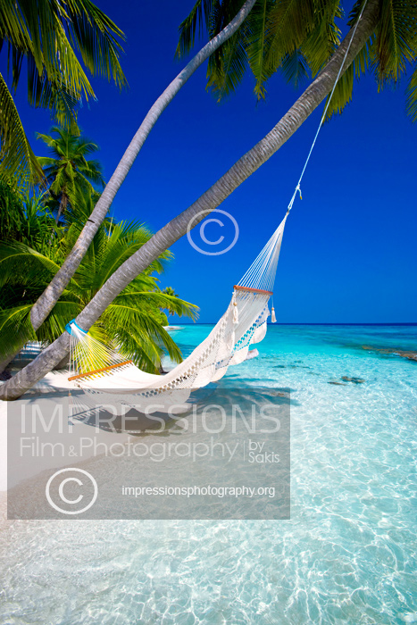 Hammock on palm tree and tropical beach, maldives, asia