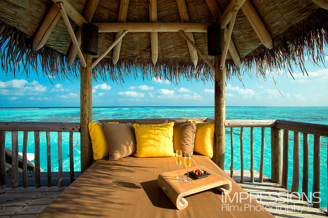 Luxury Resort Photography Water Villa Upper Deck - Day Bed and Champagne 