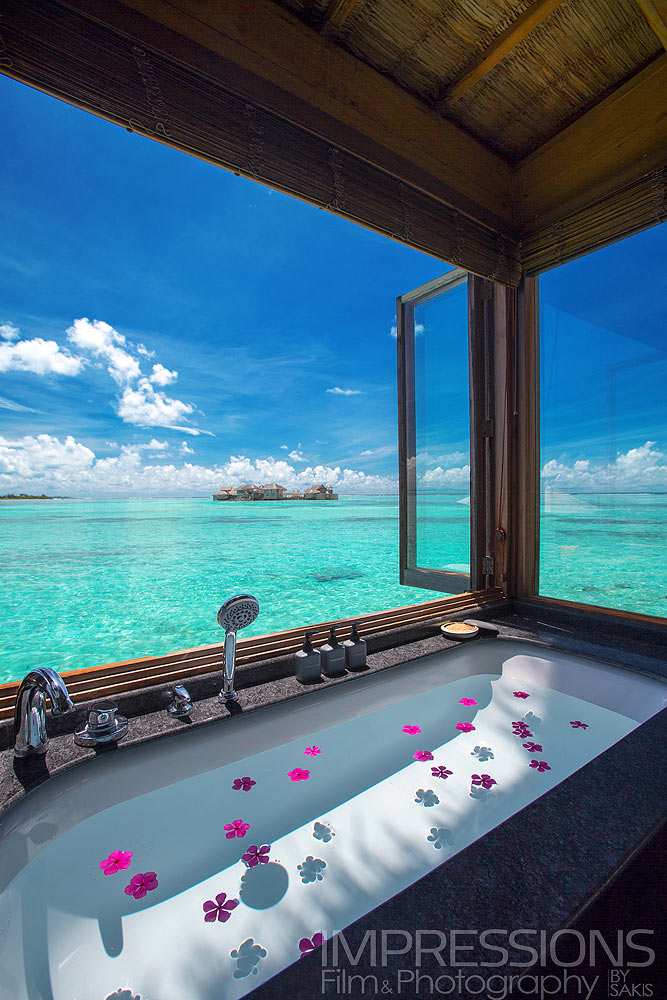 Luxury Resort Interior photography - Bathroom with a view . Water Villa