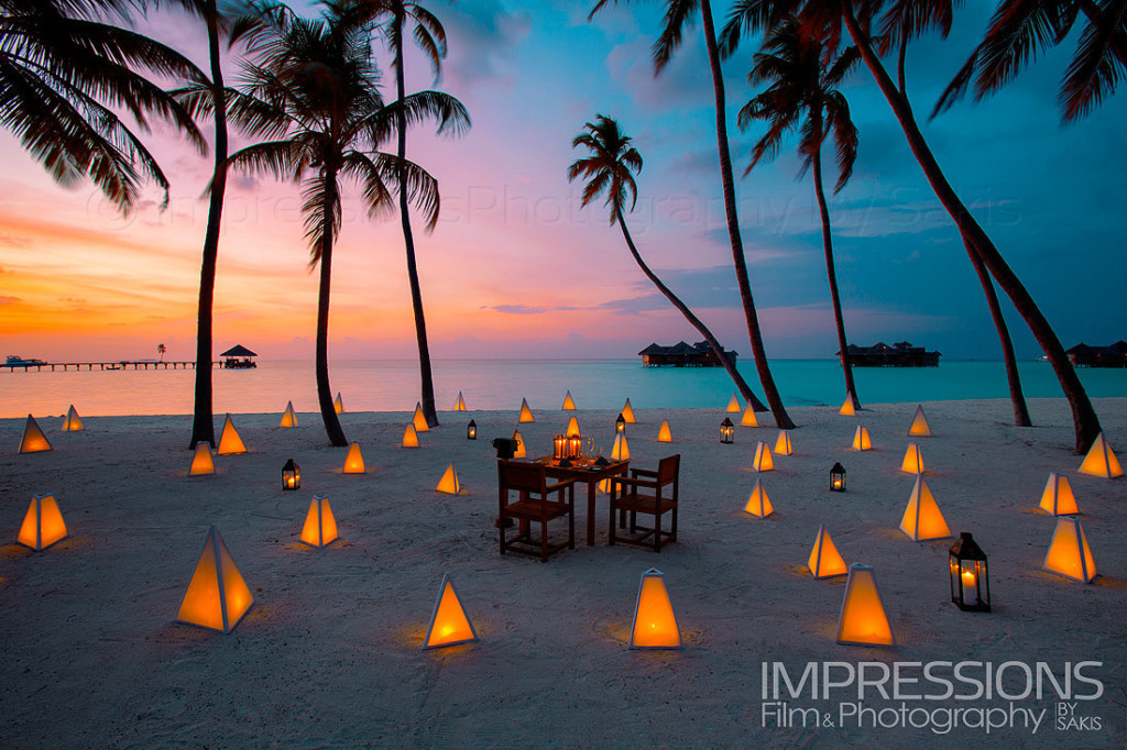 Romantic Sunset Dinner. Hero shot. Luxury Resort Maldives