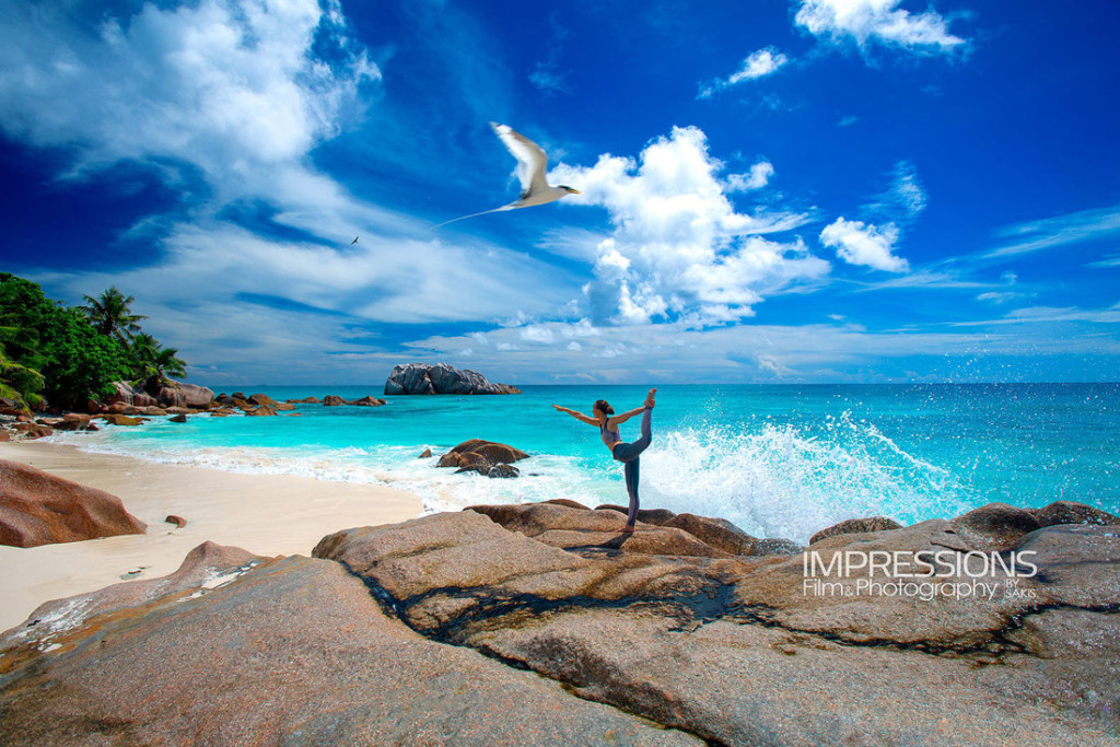 Yoga Session on Cousine's beautiful Beach. Lifestyle Photography