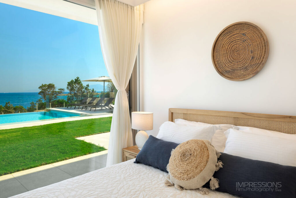 aegina luxury villa interior design photography bedroom pool view