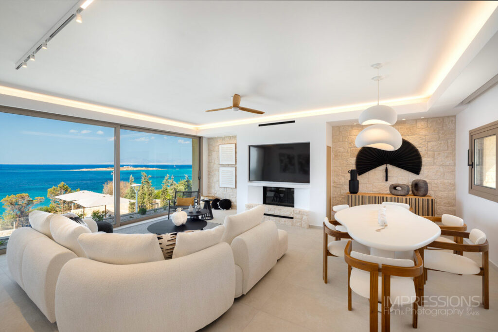 aegina luxury villa interior design photography living dining room