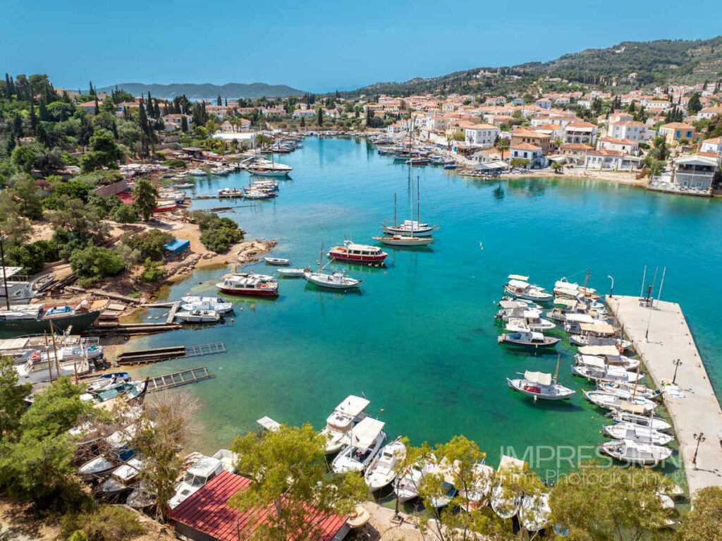 aerial drone photo old town spetses island saronic gulf greece destination case study