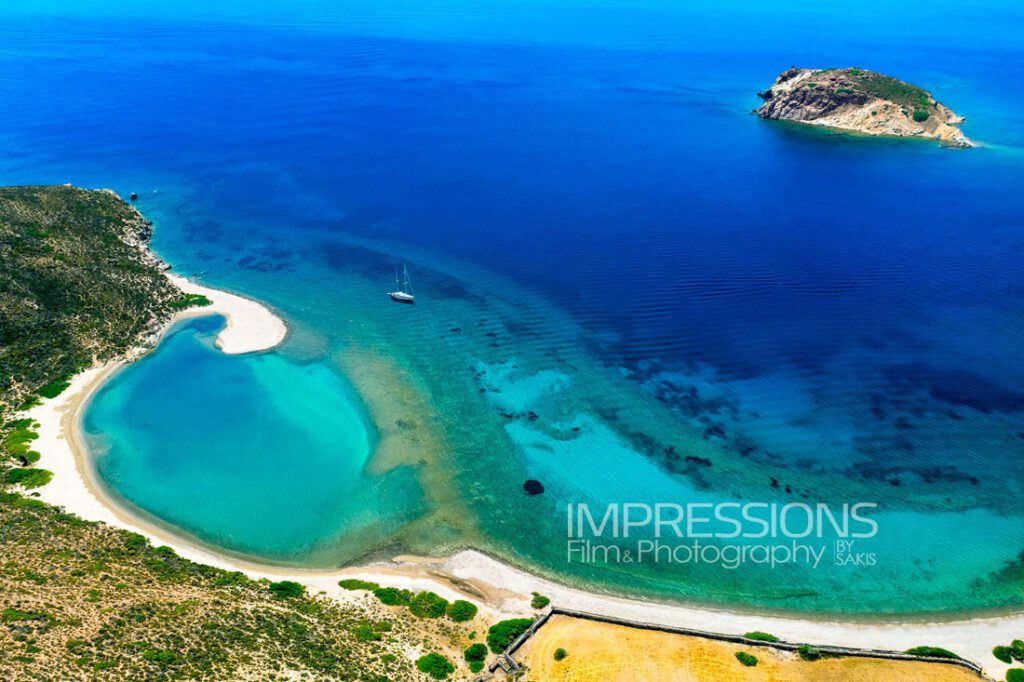 aerial photography greece patmos island beach with small sandbank