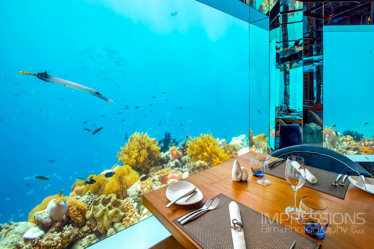 anantara kihavah resort interior photography underwater restaurant