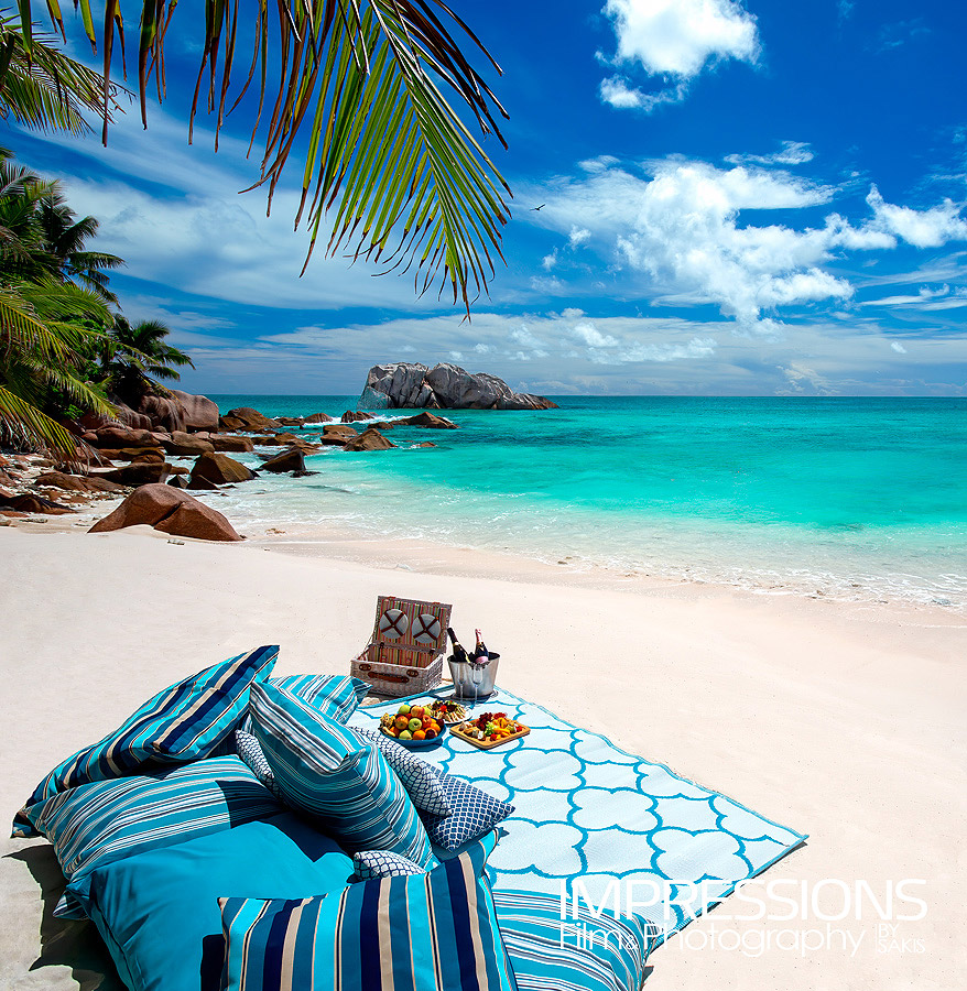 A chic picnic on Cousine Island private beach lifestyle photograpy