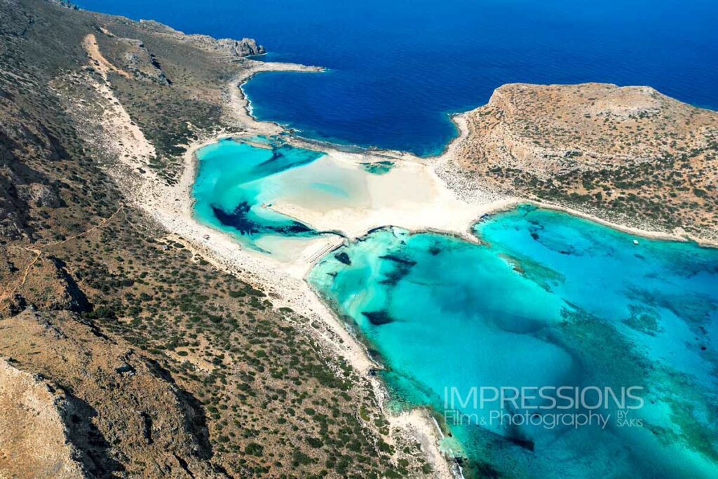 Aerial drone capture of Balos Lagoon in Crete, photographed for a luxury villa project by a professional drone photographer.