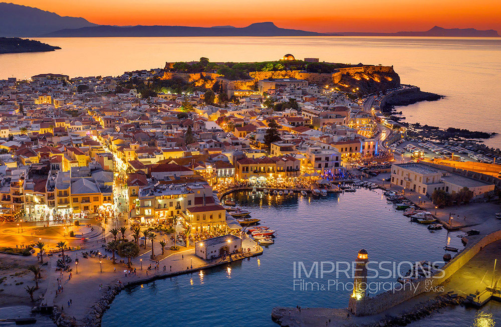 Rethymno drone photography aerial view at sunset