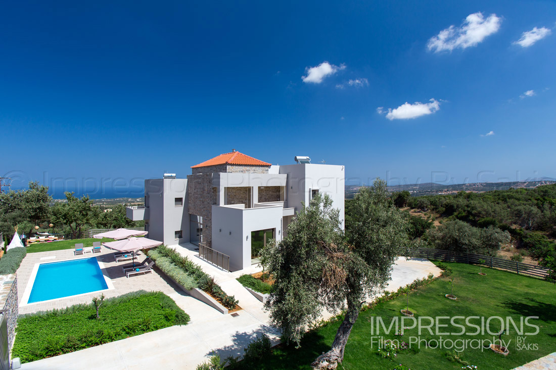 Drone Photography. Aerial View Luxury Villa Greece. Crete Island