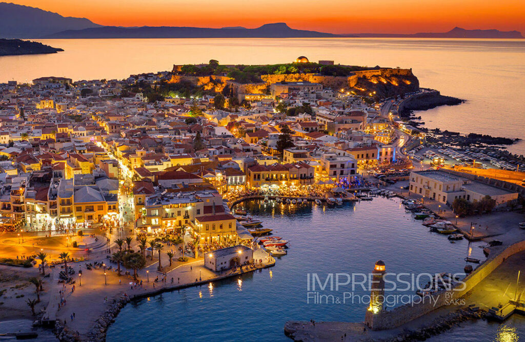 sunset aerial photography rethymno venetian town crete island