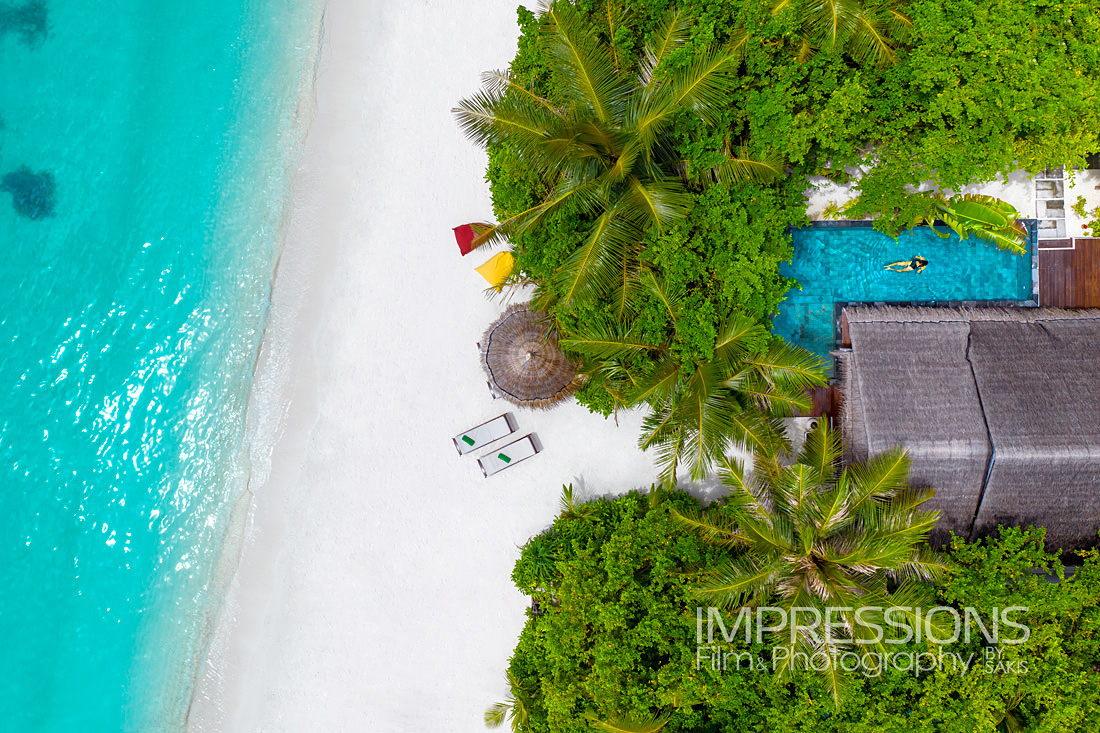 Luxury Villa drone aerial photography. Maldives luxury Resort