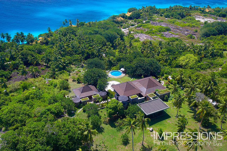 professional hotel aerial photography luxury spa shot from an helicopter at Fregate Island Seychelles