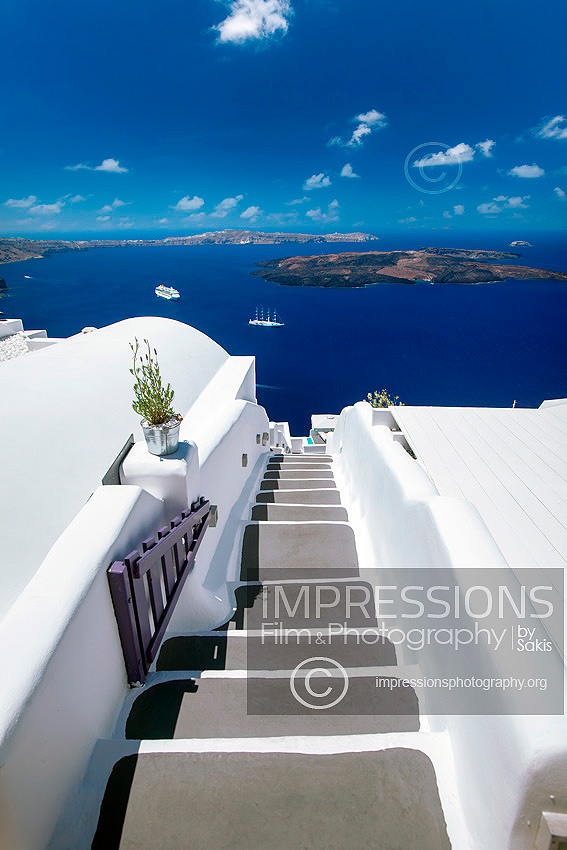 santorini stairs with a view to the sea and caldera, greece