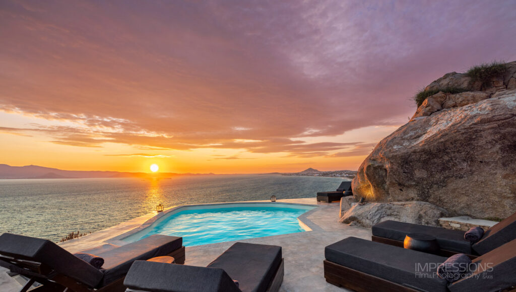 sunset pool photography luxury villa naxos greece