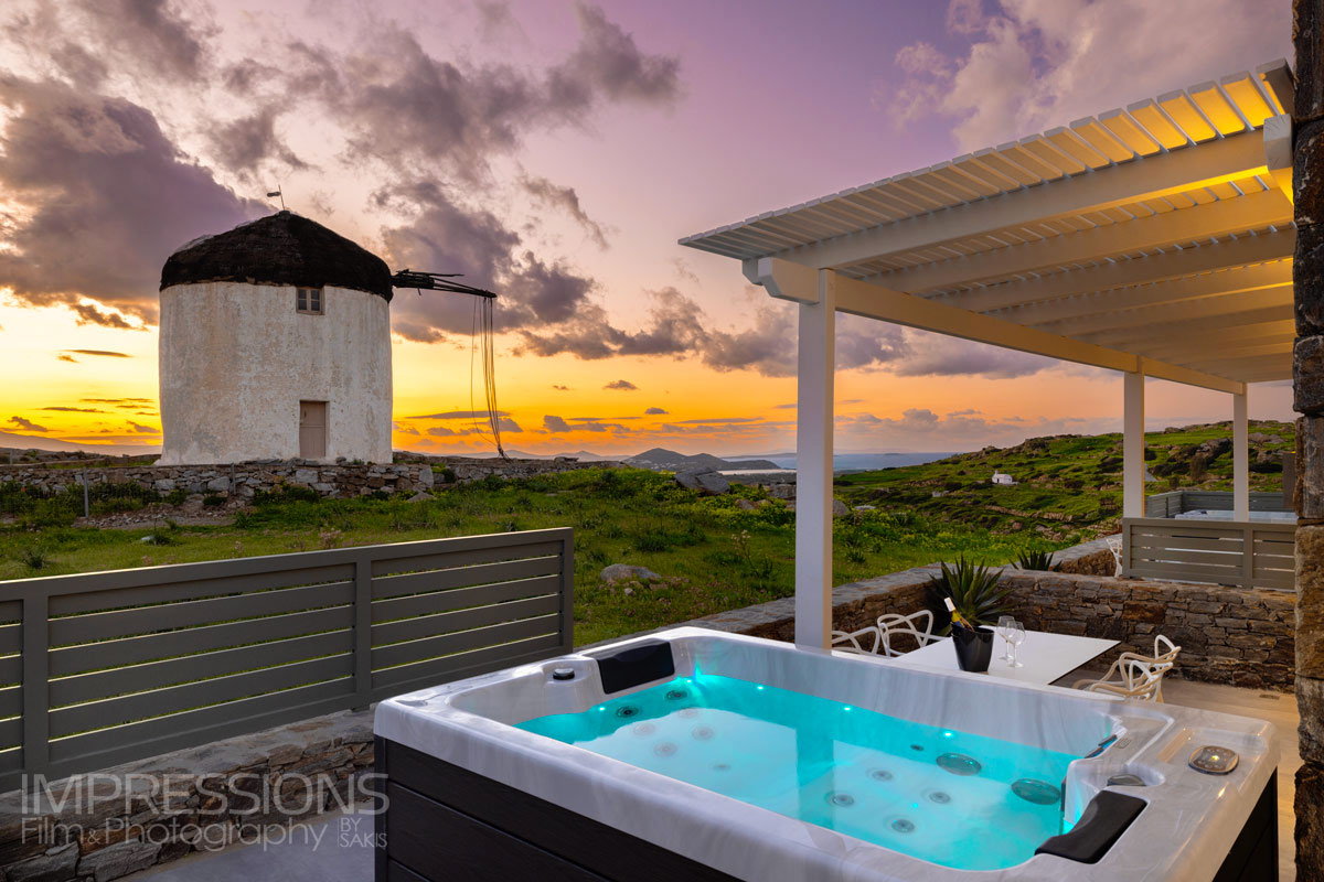 villa jacuzzi sunset windmill naxos greece