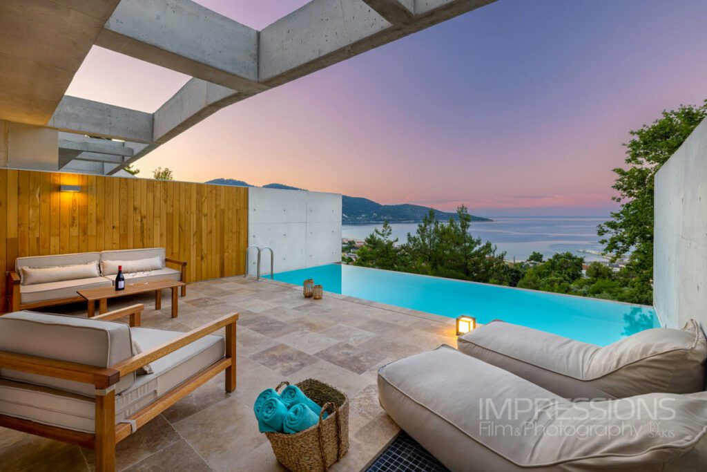villa outdoor living sunset photography thassos greece