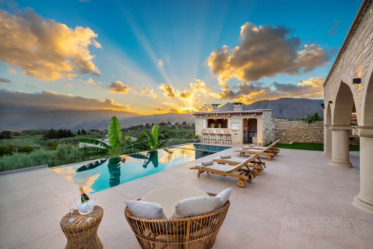villa pool photography chania crete sunset hero shot